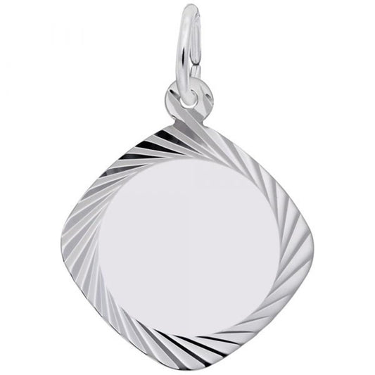 The Square Disc Charm from Rembrandt Charms is a sterling silver pendant featuring a hollow center and a twisted design along the edges. This charming piece includes a hook at the top for attaching to a chain or bracelet.