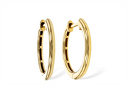 A pair of elegant 16mm hoop earrings, crafted in 14k yellow gold by Allison Kaufman, featuring a smooth polished finish. Displayed upright, one earring faces forward while the other is angled to showcase the inner clasp mechanism.