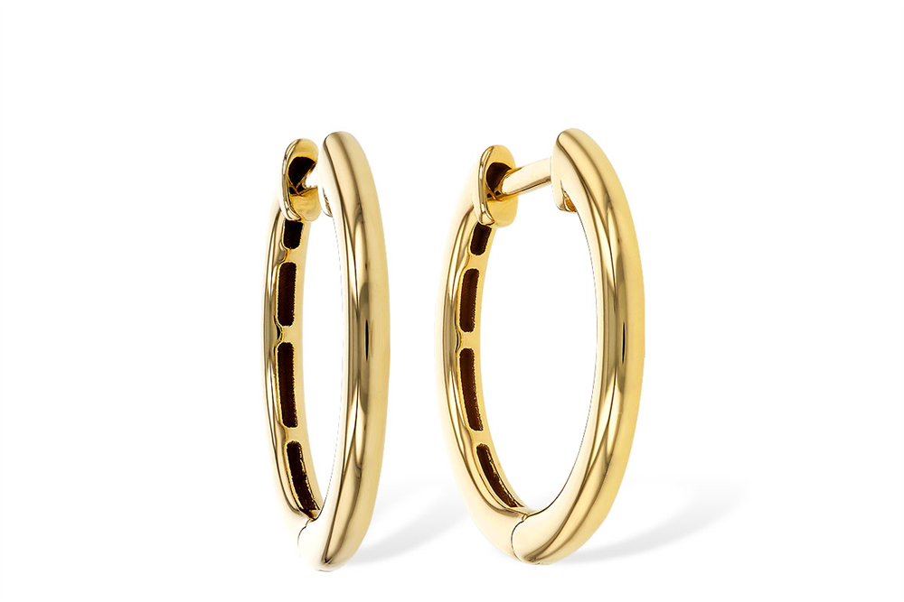 A pair of elegant 16mm hoop earrings, crafted in 14k yellow gold by Allison Kaufman, featuring a smooth polished finish. Displayed upright, one earring faces forward while the other is angled to showcase the inner clasp mechanism.