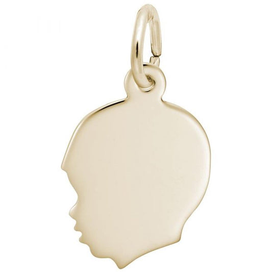 The Boy's Engravable Child Head Charm in Gold-Plated Sterling Silver by Rembrandt Charms is a unique and stylish pendant featuring a simple and smooth silhouette of a child's profile, which includes minimal detailing. It also incorporates a loop at the top for easy attachment to a chain.