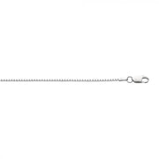 Here's a close-up image of the Sterling Silver 1.3mm Classic Box Chain with Lobster Clasp - 18 inch by Royal Chain Group-Royal Chain on a white background. The necklace showcases its simple and elegant design, featuring fine links and a secure clasp mechanism at one end.
