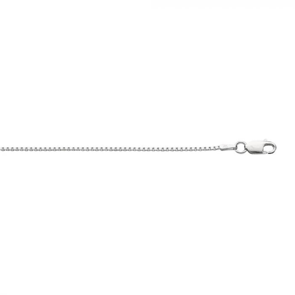 The Royal Chain Group-Royal Chain's Sterling Silver 1.3mm Classic Box Chain with Lobster Clasp-16 is displayed horizontally against a plain white background. This elegant chain showcases a classic box link design, featuring small rectangular interlocking links throughout its entire length, and is secured with a lobster clasp on the right end.