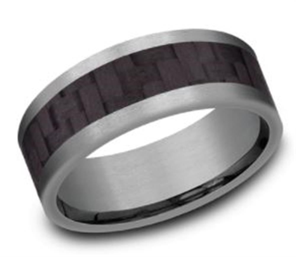 Introducing the 8mm Tantalum and Meteorite Ring, a sophisticated piece from Benchmark Rings. This sleek ring features a striking meteorite inlay running through its center, creating a bold contrast against the smooth tantalum edges. Its intricate pattern stands out beautifully against the polished finish of the band.