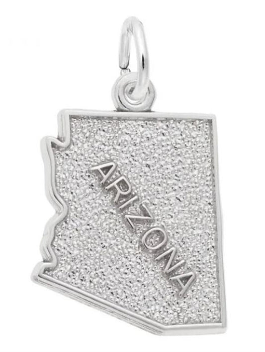 'Sterling silver charm in the shape of the Arizona state map with the text: ARIZONA. Style 3329, 0.62 in x 0.65 in (15.68 mm x 16.57 mm).'
