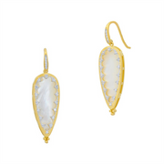 Freida Rothman's Perennial Armor Drop Earrings (AHPYZMPE19) feature gold teardrop designs with white mother-of-pearl inlays and diamond accents, shown against a white background.
