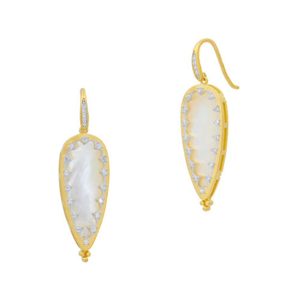 Freida Rothman's Perennial Armor Drop Earrings (AHPYZMPE19) feature gold teardrop designs with white mother-of-pearl inlays and diamond accents, shown against a white background.