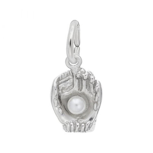 Image of a sterling silver Baseball Glove with Pearl Accent Charm, Style 0435, 0.36 in x 0.42 in (9.18 mm x 10.77 mm). The charm features a detailed baseball glove design holding a single pearl in the center, attached to a loop for easy addition to any charm bracelet.
