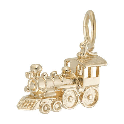 The Rembrandt Charms Train Engine Charm- Gold Plated features detailed wheels, a smokestack, and a cabin, all attached to a round loop for use as locomotive-inspired jewelry or a keychain. This shiny and highly polished charm is perfect for travel enthusiasts who appreciate unique accessories.