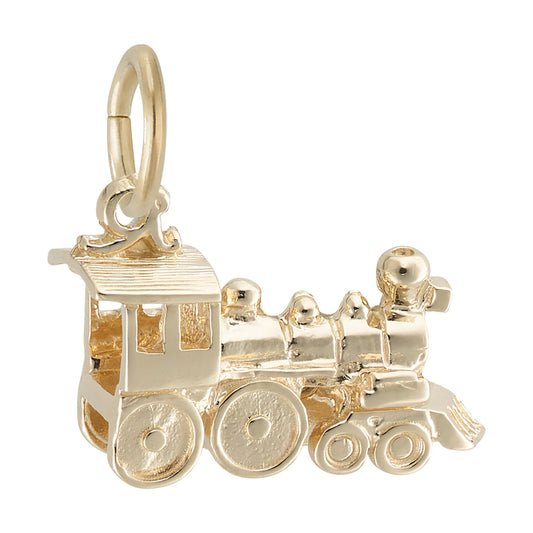 The Rembrandt Charms Train Engine Charm- Gold Plated features a finely detailed locomotive design with wheels, a smokestack, and a roofed cab, attached to a small loop for adding to your necklace or bracelet—an elegant jewelry piece ideal for travel charm collectors.