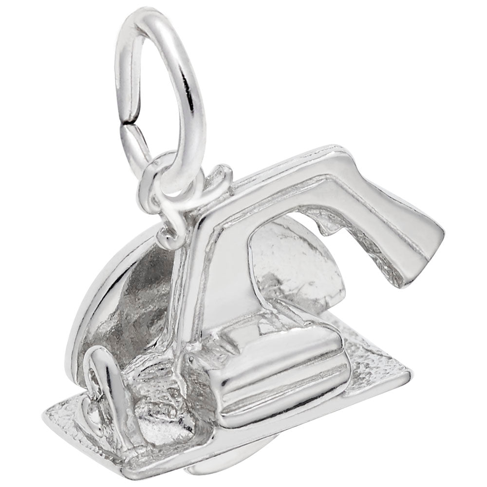 A small, shiny sterling silver charm shaped like an electric saw with a loop at the top for attaching to a bracelet or necklace, the Rembrandt Charms Electric Saw Charm is perfect for anyone who loves unique tool jewelry or is searching for a fun carpenter gift.