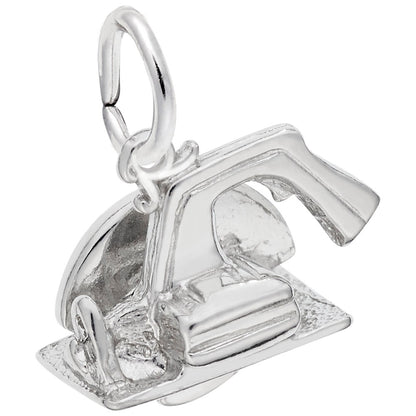 A small, shiny sterling silver charm shaped like an electric saw with a loop at the top for attaching to a bracelet or necklace, the Rembrandt Charms Electric Saw Charm is perfect for anyone who loves unique tool jewelry or is searching for a fun carpenter gift.