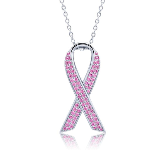 The Lafonn Pear-Shaped Halo Necklace features a pendant elegantly crafted in the shape of a breast cancer awareness ribbon, adorned with dazzling simulated diamonds. Symbolizing support and awareness for breast cancer, the delicate chain perfectly complements the timeless elegance of this classic piece.