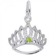 The Tiara With August Stone -SS from Rembrandt Charms is a silver tiara charm with intricate detailing, featuring a single August Stone at the center. It includes a small loop at the top for attaching to a bracelet or necklace.