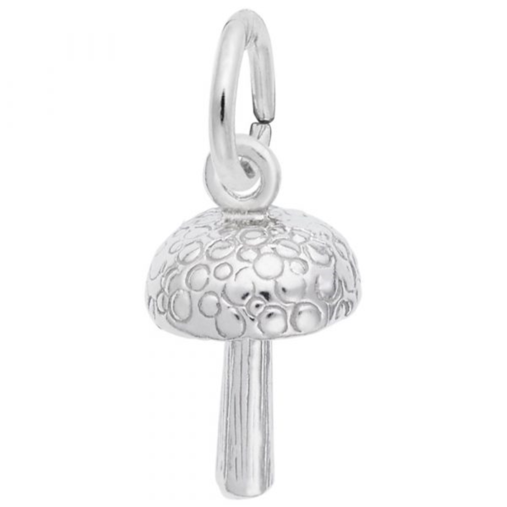 The Mushroom Charm in Sterling Silver by Rembrandt Charms is designed as a detailed mushroom featuring a textured cap and a smooth stem. Part of our nature jewelry collection, the charm includes a small loop at the top for easy attachment to a bracelet or necklace and boasts a reflective finish.