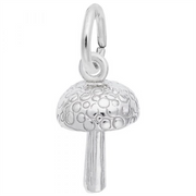 The Mushroom Charm in Sterling Silver by Rembrandt Charms is designed as a detailed mushroom featuring a textured cap and a smooth stem. Part of our nature jewelry collection, the charm includes a small loop at the top for easy attachment to a bracelet or necklace and boasts a reflective finish.