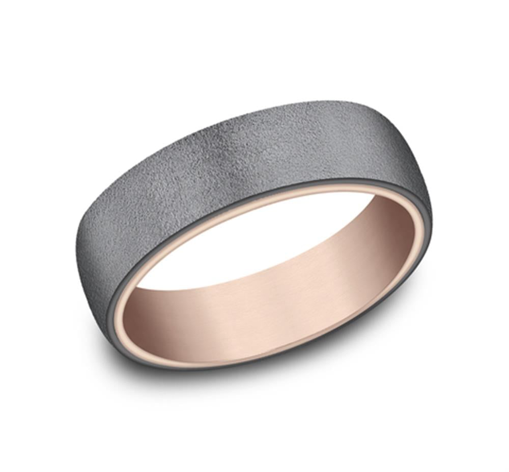 A matte black Titanium ring featuring a smooth, 14 Kt rose gold interior. The exterior has a textured surface, embodying a simple and modern design with a sleek, rounded shape. The "Two Layer Black and Red Band" from Benchmark Rings / Amarra Stone is displayed on a plain white background.