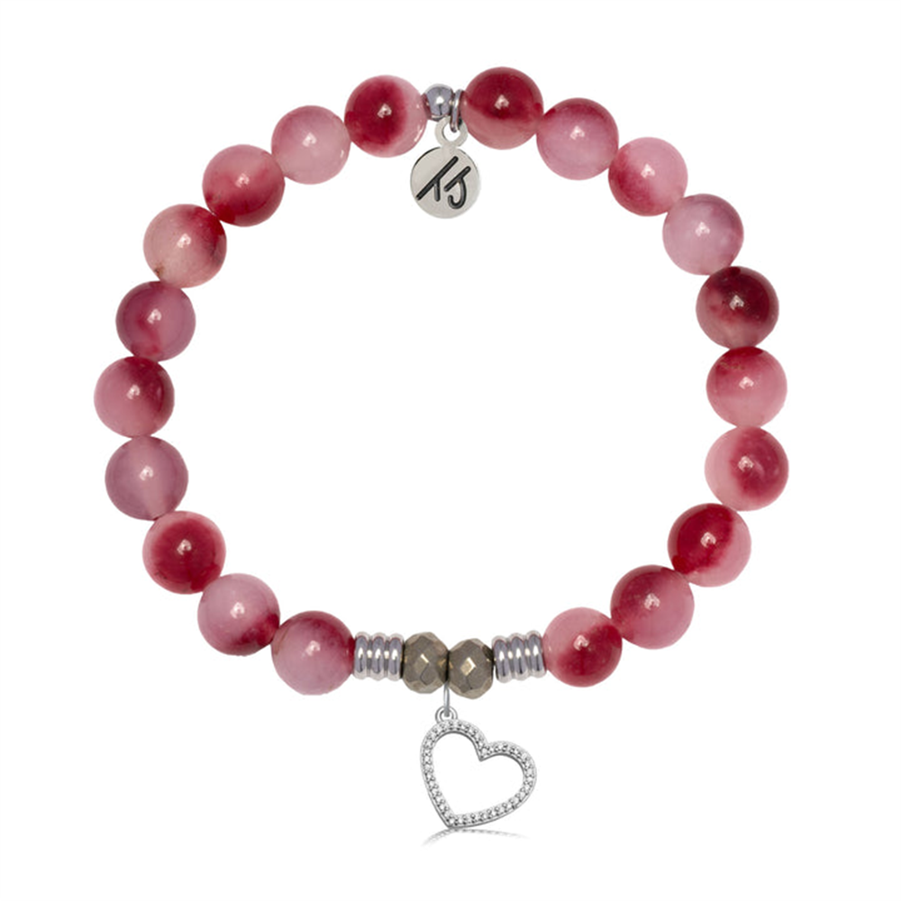 The T Jazelle Cherry Jade Gemstone Bracelet features round pink beads, silver spacers, a sterling silver heart-shaped charm, and a round "TS" engraved tag.