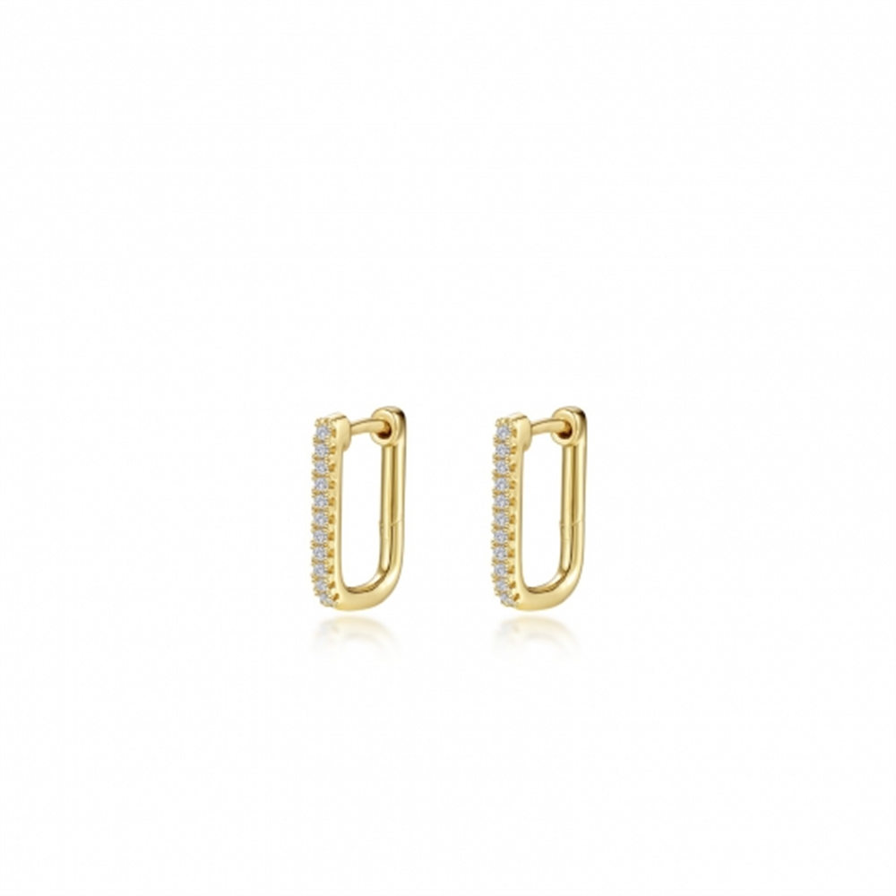A pair of gold rectangle pave hoops from Lafonn, designated as ER CL S.S. GP 0.22 CTW RECTANGLE PAVE HOOPS ER, encrusted with 0.22 CTW small white diamonds along the outer edge. The earrings feature a polished finish and a minimalist design, with a white background emphasizing their elegance.