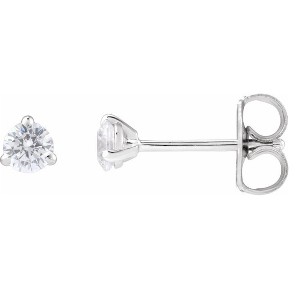 A pair of 14KW stud earrings by Simply Diamonds featuring round, clear lab-grown diamonds totaling 3/4 carat set in a prong setting. One earring is shown from the front and the other from the side, displaying the post and butterfly backing. These LAB GROWN DIAMOND STUDS are minimalist and elegant in design.