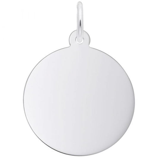 The Rembrandt Charms Medium Round Disc - 50 Series Charm, crafted from sterling silver, features a small loop at the top for easy attachment to a chain or cord. This charm boasts a smooth, polished surface and a simple, minimalist design.