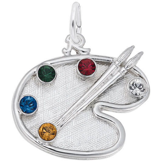 'Sterling silver charm shaped like an artist's palette with colorful gemstones and brushes. Style 8151, 0.79 in x 0.59 in (20 mm x 15 mm).'