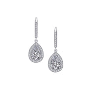 Introducing Lafonn's 3.32cts Diamonds Drop Earrings, an exquisite pair featuring teardrop-shaped designs adorned with small, simulated diamonds. Each teardrop boasts a central diamond encircled by a halo of smaller gems, all set in sleek sterling silver for a stunning, sparkling finish.