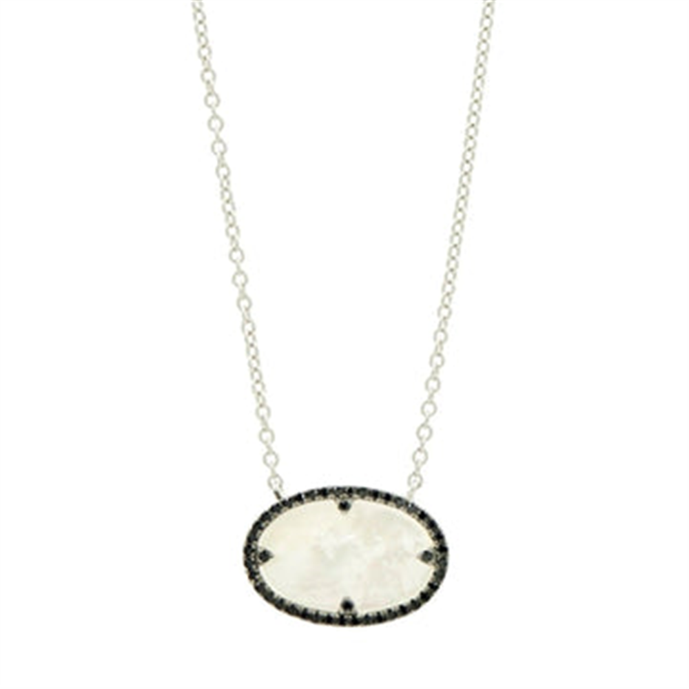 The Freida Rothman IFPKMN42-16E necklace features an industrial finish and a stylish oval MOP pendant bordered with small black stones.
