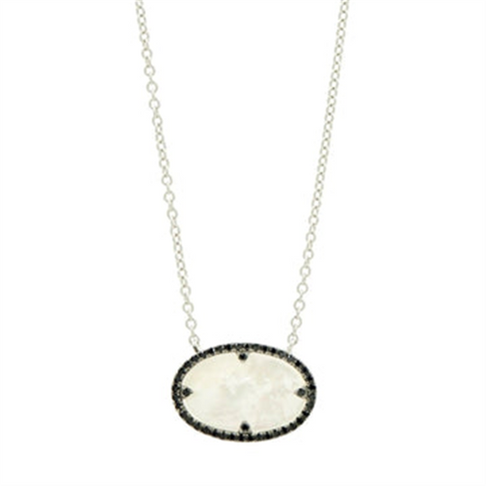 The Freida Rothman IFPKMN42-16E necklace features an industrial finish and a stylish oval MOP pendant bordered with small black stones.