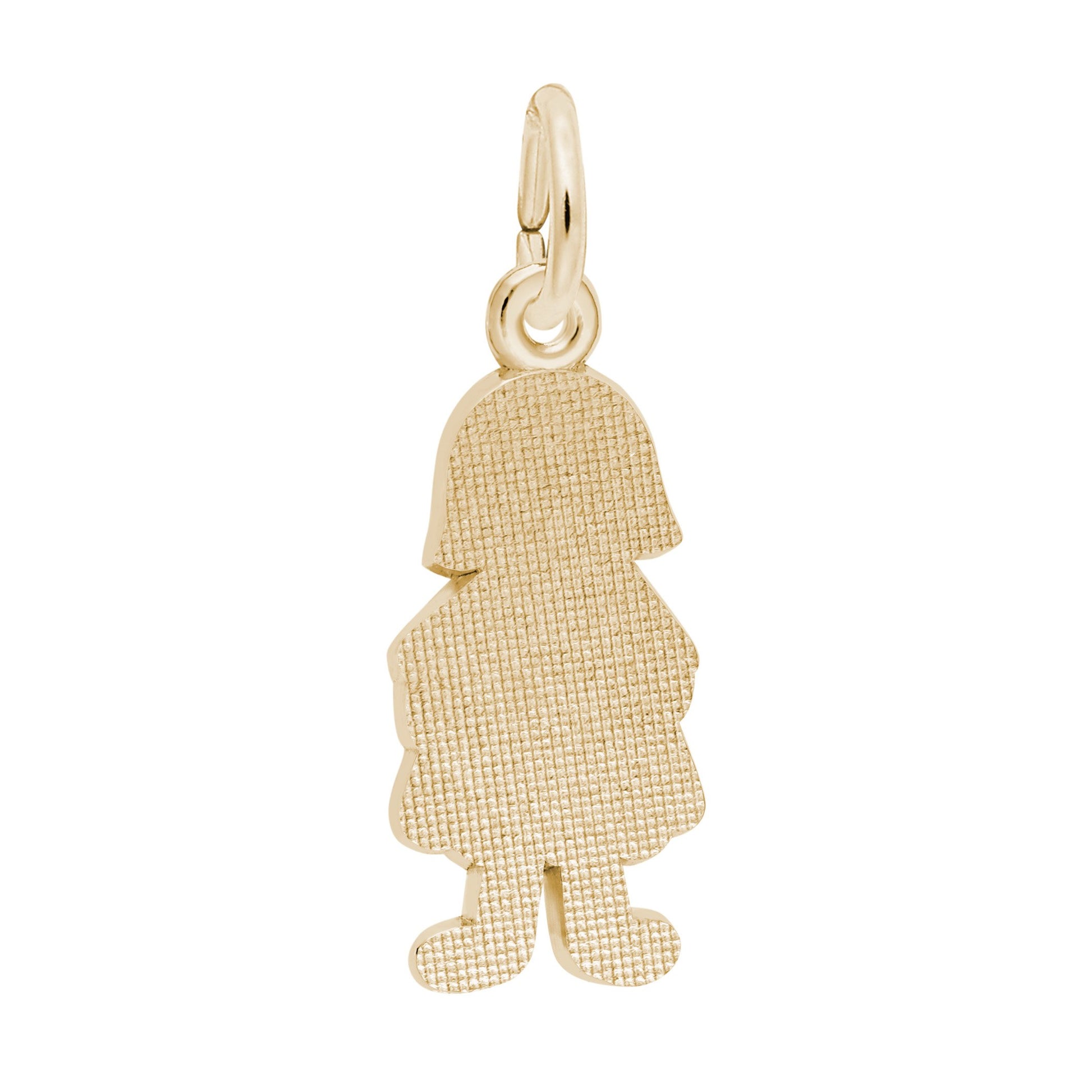 Introducing the Girl with Flower Dress Charm - Gold Plated by Rembrandt Charms: This charming gold-plated pendant features a girl adorned in a flower dress with a beautifully textured finish and an attached loop for easy addition to any necklace or bracelet. Perfect as a family keepsake, it complements other pieces—such as sterling silver accents or additional gemstone charms—allowing you to create your own meaningful and personalized jewelry collection.