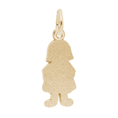 Introducing the Girl with Flower Dress Charm - Gold Plated by Rembrandt Charms: This charming gold-plated pendant features a girl adorned in a flower dress with a beautifully textured finish and an attached loop for easy addition to any necklace or bracelet. Perfect as a family keepsake, it complements other pieces—such as sterling silver accents or additional gemstone charms—allowing you to create your own meaningful and personalized jewelry collection.