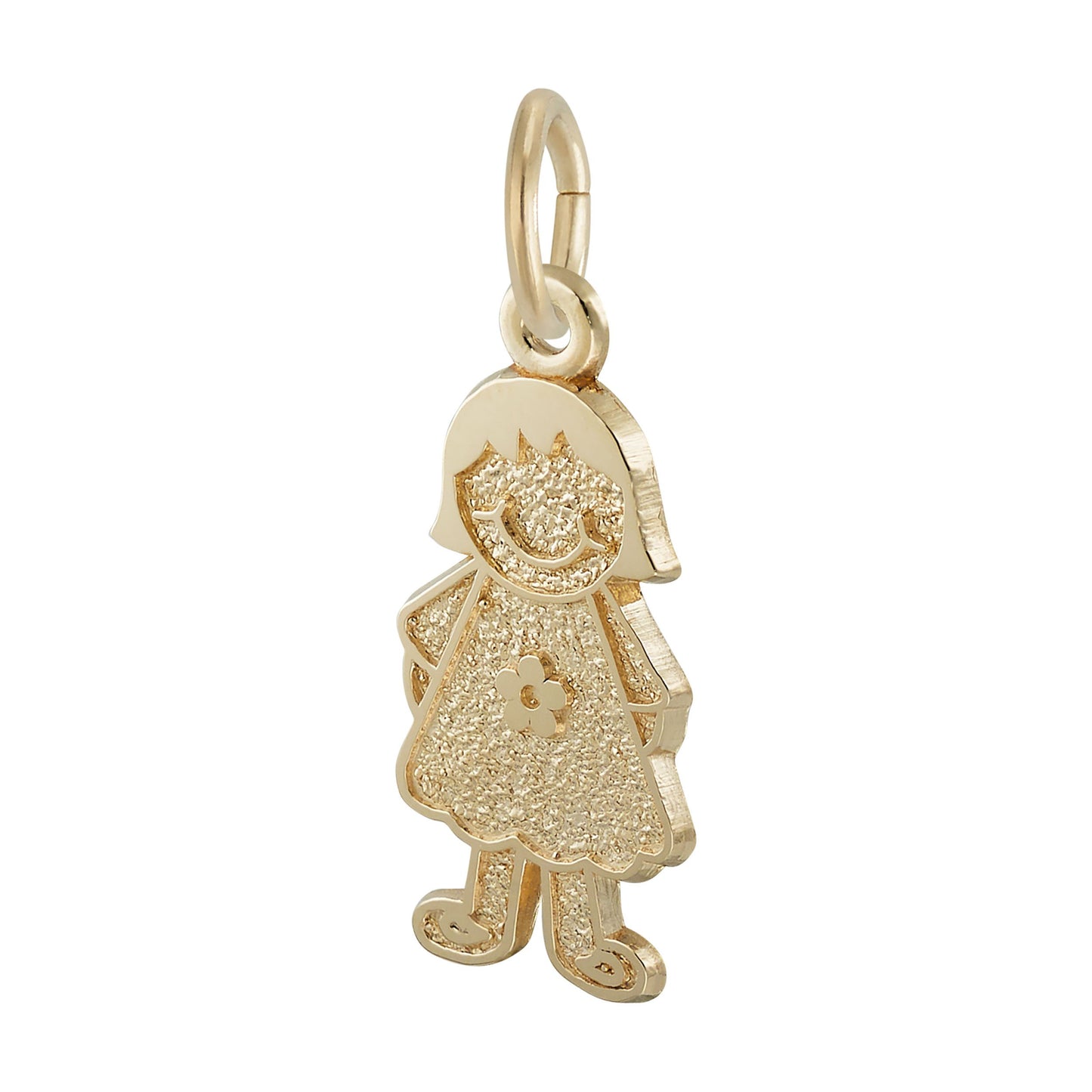 The Rembrandt Charms Girl with Flower Dress Charm—beautifully gold plated and featuring textured details, a smiling girl design, a flower accent on her dress, and a convenient loop for attaching to a chain—makes the perfect family keepsake jewelry piece.