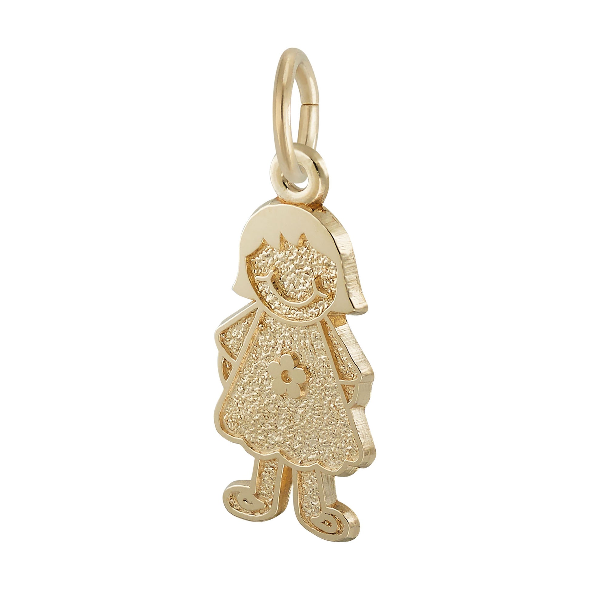 The Rembrandt Charms Girl with Flower Dress Charm—beautifully gold plated and featuring textured details, a smiling girl design, a flower accent on her dress, and a convenient loop for attaching to a chain—makes the perfect family keepsake jewelry piece.