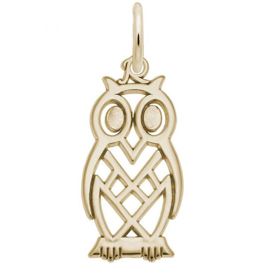 The Rembrandt Charms Owl / Gold Plate Charm is a gold-plated pendant featuring an owl design with geometric patterns on its body, large circular eyes, and a small hook at the top for easy attachment to a chain or necklace.