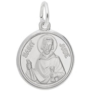 The Rembrandt Charms St. Jude Charm in sterling silver features a round design with an engraved image of Saint Jude holding a club and a scroll. The words "SAINT JUDE" encircle the image along the outer edge of the pendant, and it has a small loop at the top for easy attachment to a chain, making it a timeless addition to any jewelry collection.