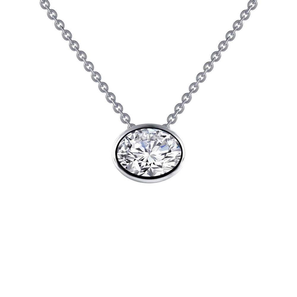 A Lafonn Diamond Solitaire Necklace features a platinum chain adorned with a single round diamond pendant set in a bezel. The clear and well-cut diamond brilliantly reflects light, creating a captivating sparkle. Set against a white background, the dazzling shine of the diamond and the elegant simplicity of this Lafonn creation stand out beautifully.