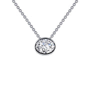 A Lafonn Diamond Solitaire Necklace features a platinum chain adorned with a single round diamond pendant set in a bezel. The clear and well-cut diamond brilliantly reflects light, creating a captivating sparkle. Set against a white background, the dazzling shine of the diamond and the elegant simplicity of this Lafonn creation stand out beautifully.
