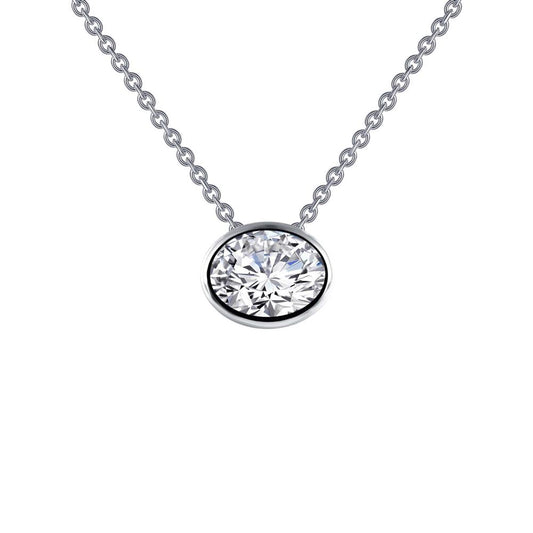 A Lafonn Diamond Solitaire Necklace features a platinum chain adorned with a single round diamond pendant set in a bezel. The clear and well-cut diamond brilliantly reflects light, creating a captivating sparkle. Set against a white background, the dazzling shine of the diamond and the elegant simplicity of this Lafonn creation stand out beautifully.