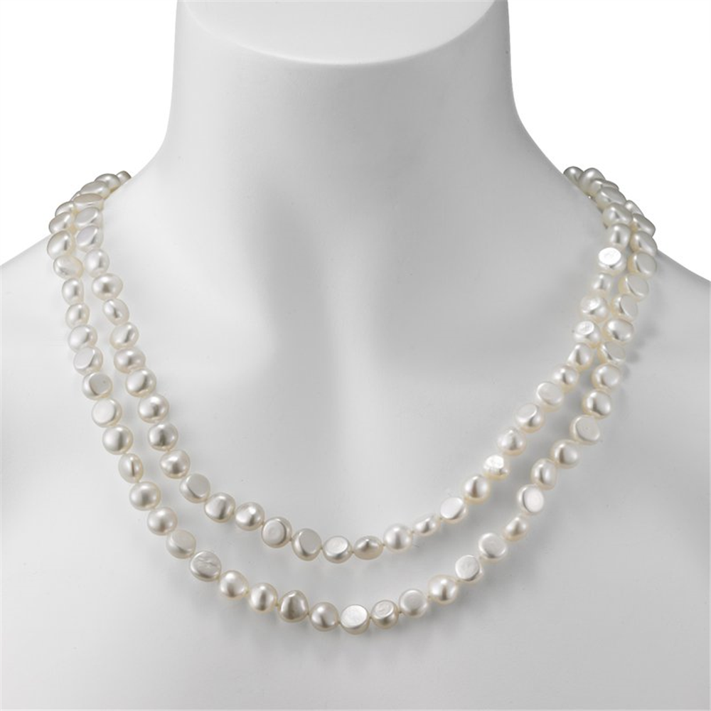 The Mastoloni Pearls 8.5-9mm White Baroque Freshwater Pearl Necklace (28'') is displayed on a white mannequin bust, showcasing lustrous baroque pearls in an elegant, layered, two-strand design.