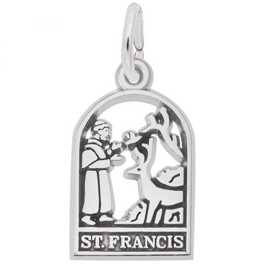 This exquisite charm from Rembrandt Charms, titled "St. Francis Charm" in sterling silver, features St. Francis depicted in a robe, interacting with birds and a deer under an arched design. The name "ST. FRANCIS" is engraved at the bottom of this beautiful piece.