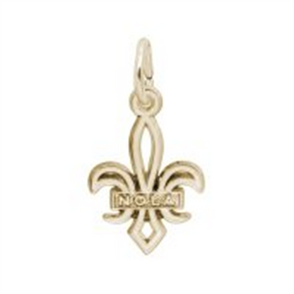 The Rembrandt Charms NOLA Fleur de Lis Charm- Gold Plated features the word “NOCCA” across the center and is attached to a small loop for hanging. Displayed on a white background, this elegant piece of New Orleans jewelry is an ideal addition to any NOLA Fleur-de-Lis Charm collection.