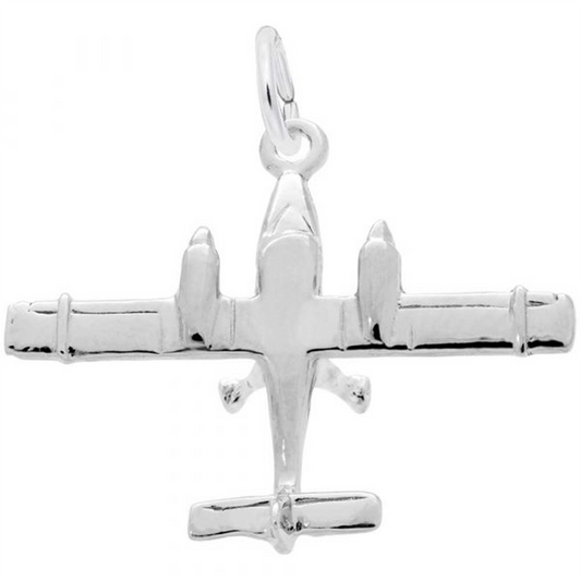 The New Dual Engine Airplane Charm by Rembrandt Charms is a stunning sterling silver pendant shaped like an airplane, complete with detailed wings, two engines, and a small propeller at the front. It features a loop at the top for attaching to a chain or bracelet. Perfect for any aviation enthusiast, this sleek design is polished to perfection.