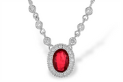 The Ruby and Diamonds 14K White Gold Necklace by Allison Kaufman features an exquisite oval ruby pendant surrounded by a brilliant diamond halo, with additional round diamonds gracefully embellishing the chain.