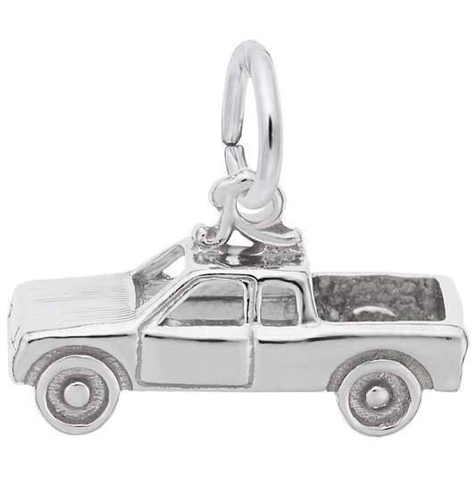 Introducing the Rembrandt Charms Pick Up Truck Charm in Sterling Silver, a finely detailed piece featuring a small pickup truck design. Complete with a ring on top for easy attachment to any bracelet or necklace, this charm beautifully showcases intricate elements such as the truck's body, wheels, and open bed.