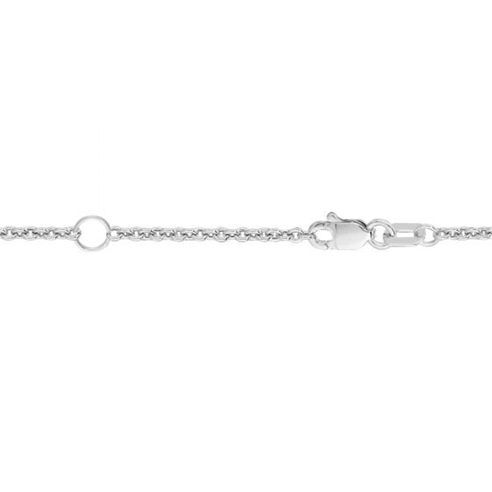 A close-up view of the delicate 18K white gold Extendable Cable Chain by Uneek Jewelry, featuring a lobster lock closure on a white background. This thin and minimalist chain is perfect for everyday wear or for holding pendants.