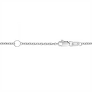 A close-up view of the delicate 18K white gold Extendable Cable Chain by Uneek Jewelry, featuring a lobster lock closure on a white background. This thin and minimalist chain is perfect for everyday wear or for holding pendants.