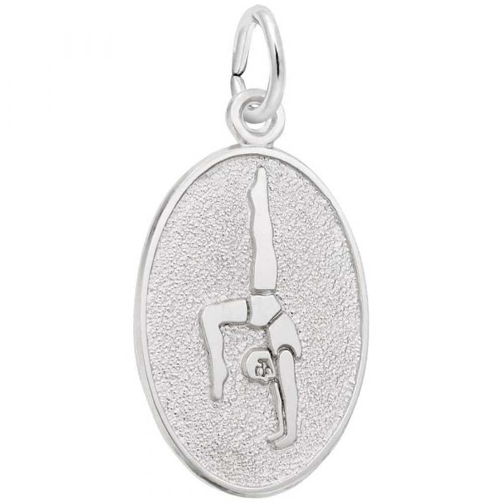 The Rembrandt Charms Gymnast Oval Disc Charm in sterling silver features an oval design with a textured background. At its center, there's an engraved depiction of a gymnast performing a handstand, accentuated by smooth and polished surfaces.