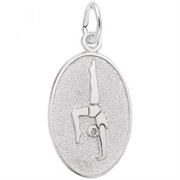 The Rembrandt Charms Gymnast Oval Disc Charm in sterling silver features an oval design with a textured background. At its center, there's an engraved depiction of a gymnast performing a handstand, accentuated by smooth and polished surfaces.
