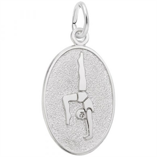 The Rembrandt Charms Gymnast Oval Disc Charm in sterling silver features an oval design with a textured background. At its center, there's an engraved depiction of a gymnast performing a handstand, accentuated by smooth and polished surfaces.