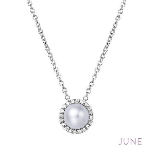 A Lafonn June Birthstone Necklace featuring a large white pearl encircled by small, sparkling diamonds. The chain comprises delicate, interlocking links. The word "JUNE" is written in light purple text at the bottom right corner of the image.
