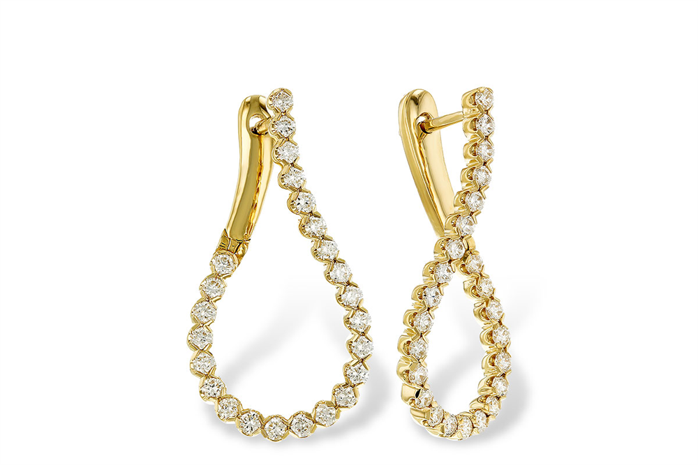 Allison Kaufman 1CT TW 14k yellow gold front to back hoops, featuring small round diamonds along the entire front edge, displayed against a white background.
